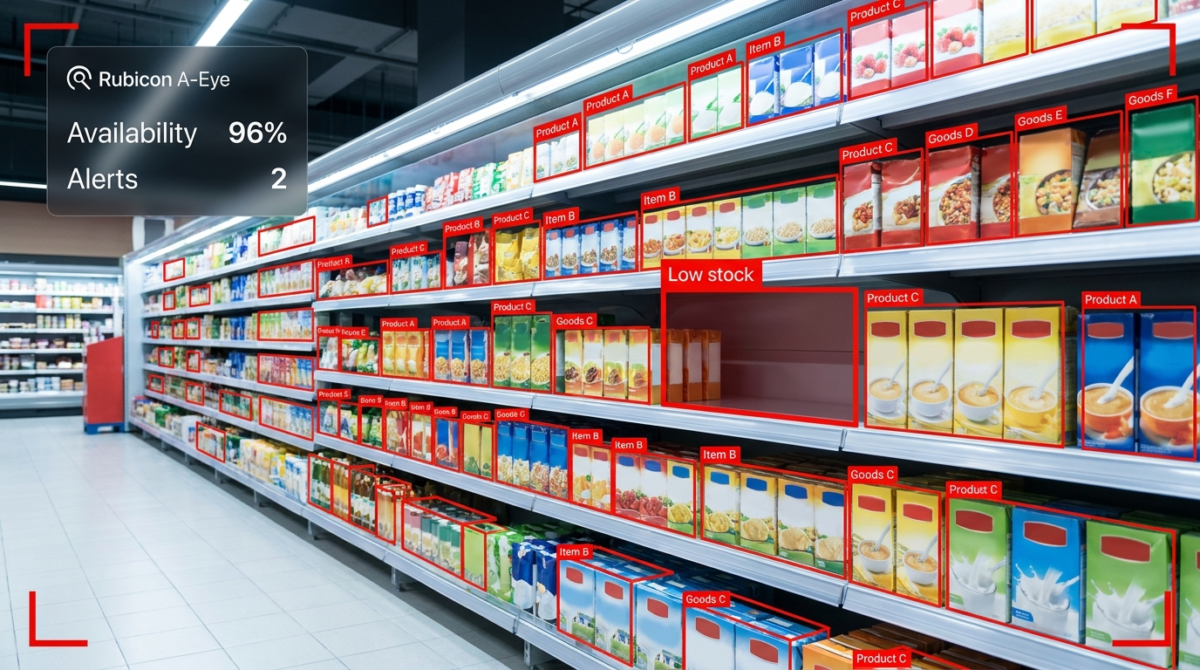 Rubicon A-Eye detecting shelf stock and a low-stock gap in a retail aisle