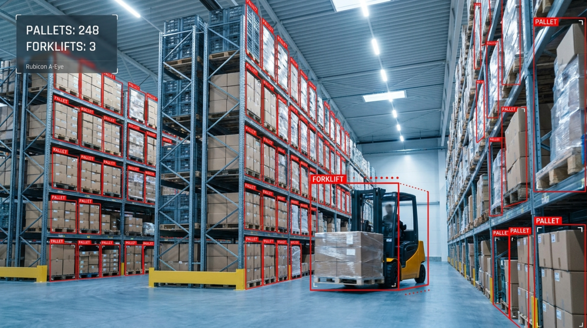 Rubicon A-Eye computer vision detecting pallets and a forklift inside a warehouse