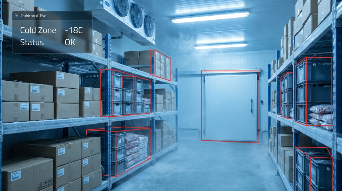 AI cold storage monitoring detecting crates in a refrigerated food store with Rubicon A-Eye
