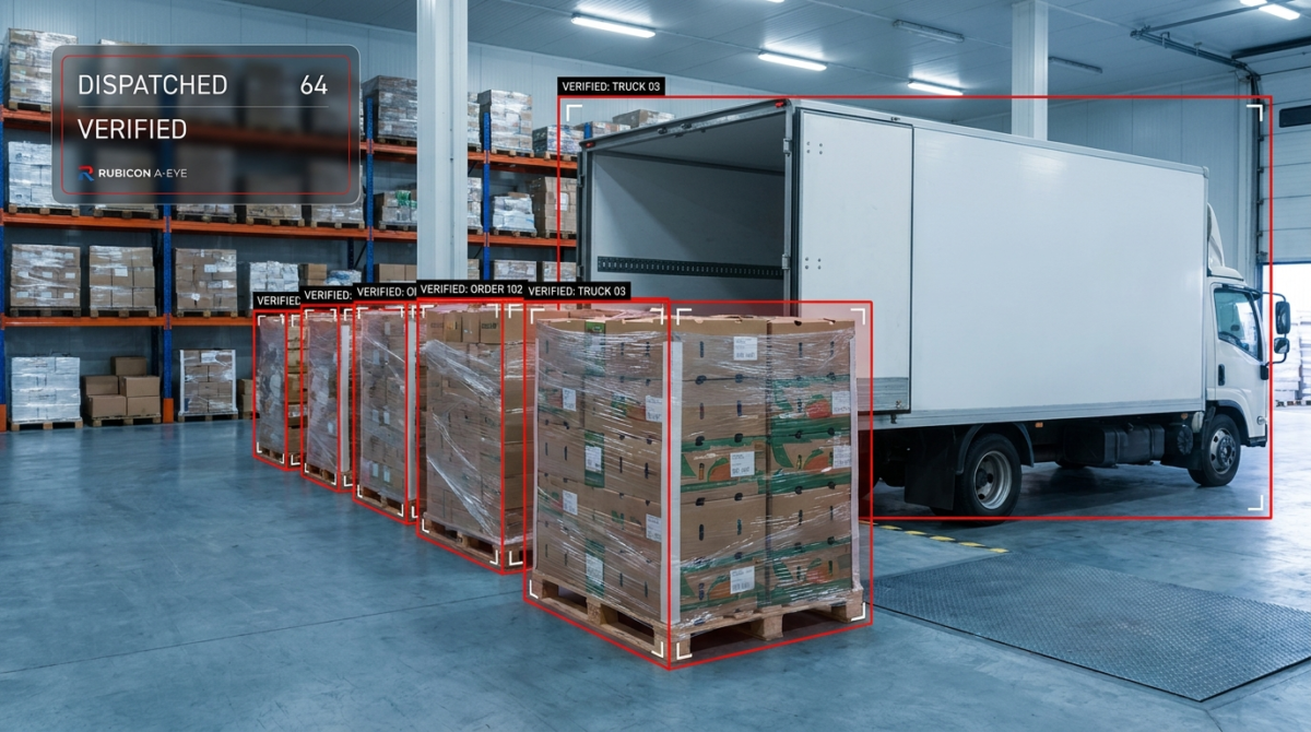 AI dispatch monitoring verifying outbound food order pallets at a truck with Rubicon A-Eye