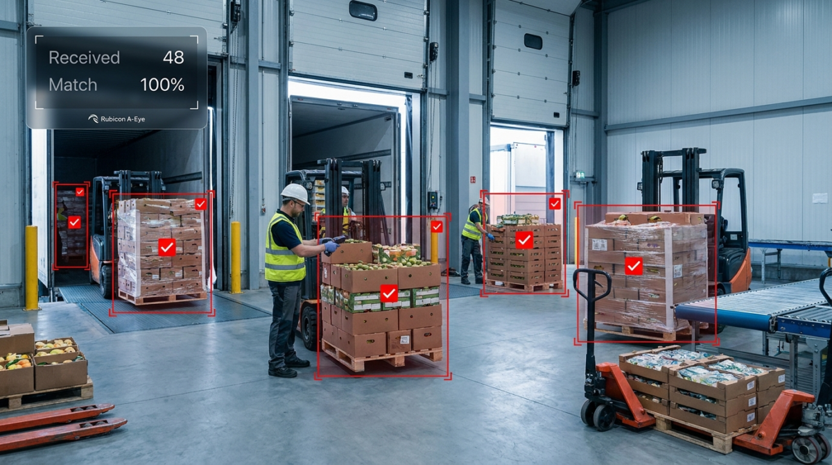 AI goods receiving monitoring checking inbound food pallets at a receiving dock with Rubicon A-Eye