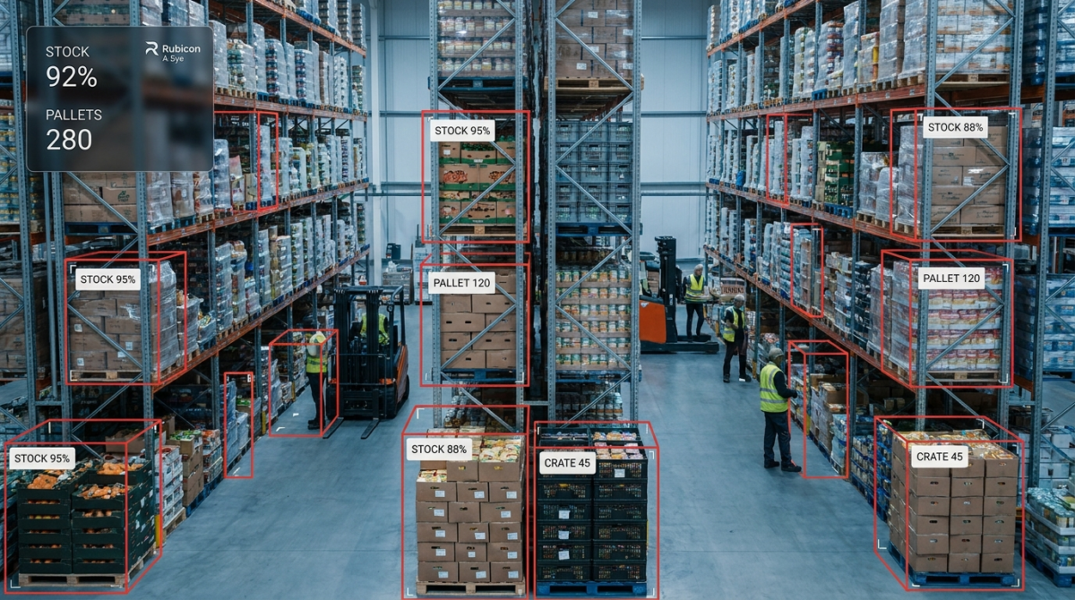 AI inventory monitoring detecting food crates and pallets in a distribution warehouse with Rubicon A-Eye