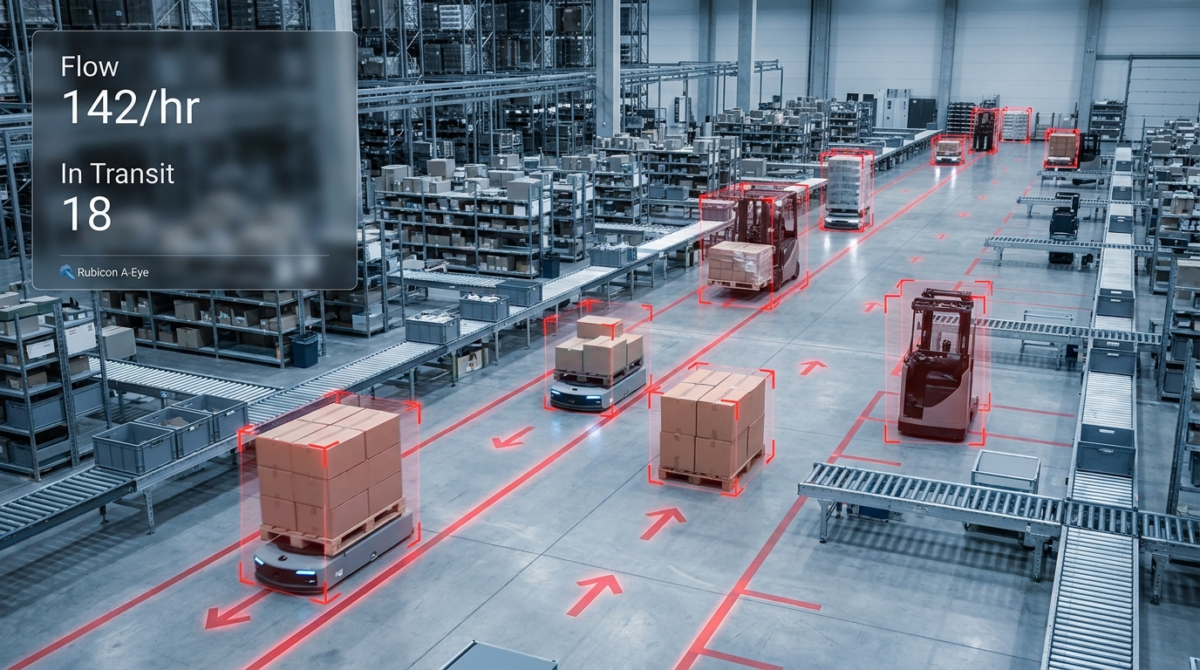 AI goods movement tracking showing goods flow paths through a logistics facility with Rubicon A-Eye
