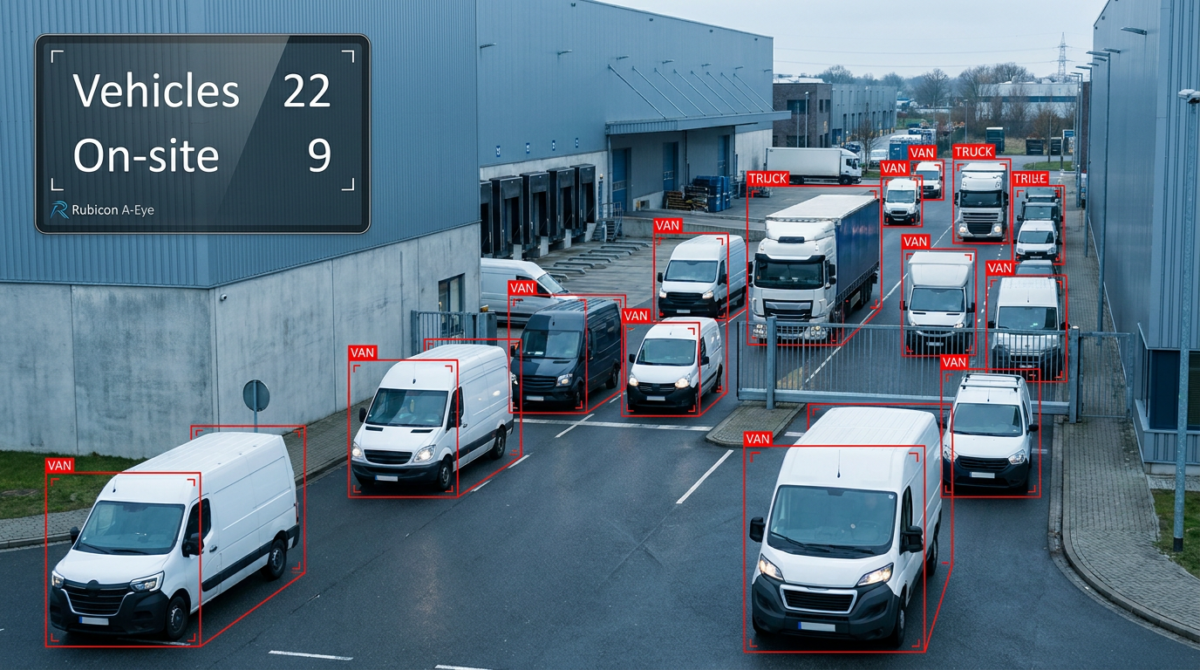 AI vehicle detection identifying trucks and vans at a logistics gate with Rubicon A-Eye
