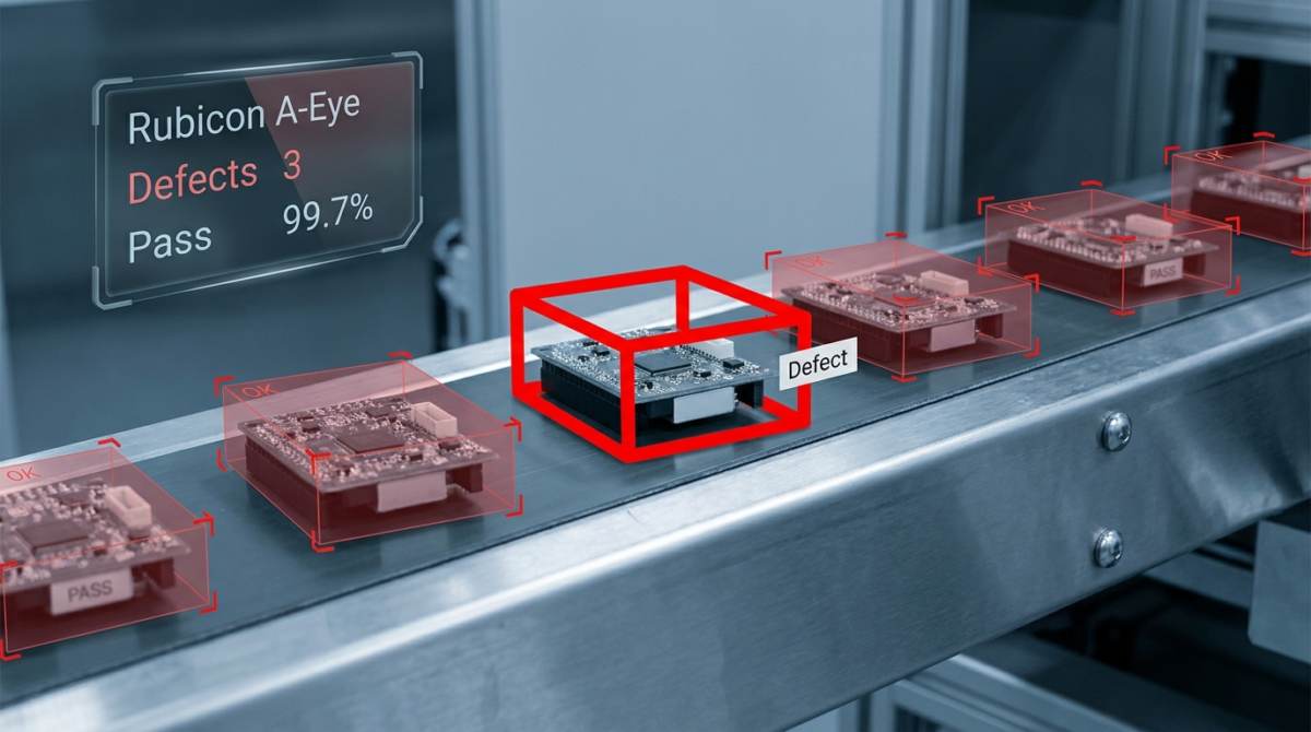 AI defect detection highlighting a defective unit on a quality inspection line with Rubicon A-Eye