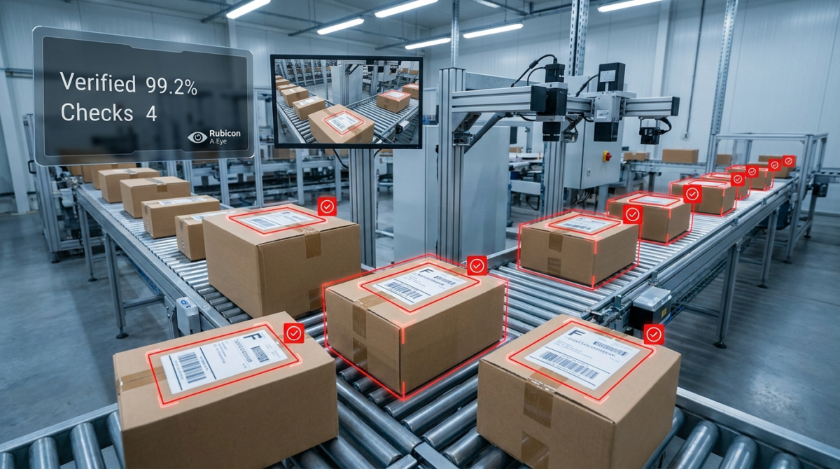AI packaging verification checking carton labels and seals on a packaging line with Rubicon A-Eye