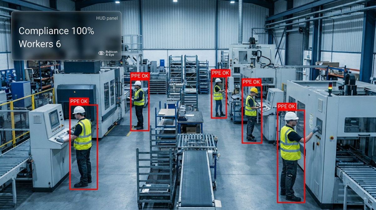 AI PPE detection verifying worker helmets and safety vests on a factory floor with Rubicon A-Eye