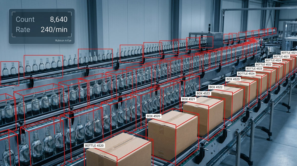 AI product counting detecting bottles and boxes on a factory conveyor with Rubicon A-Eye