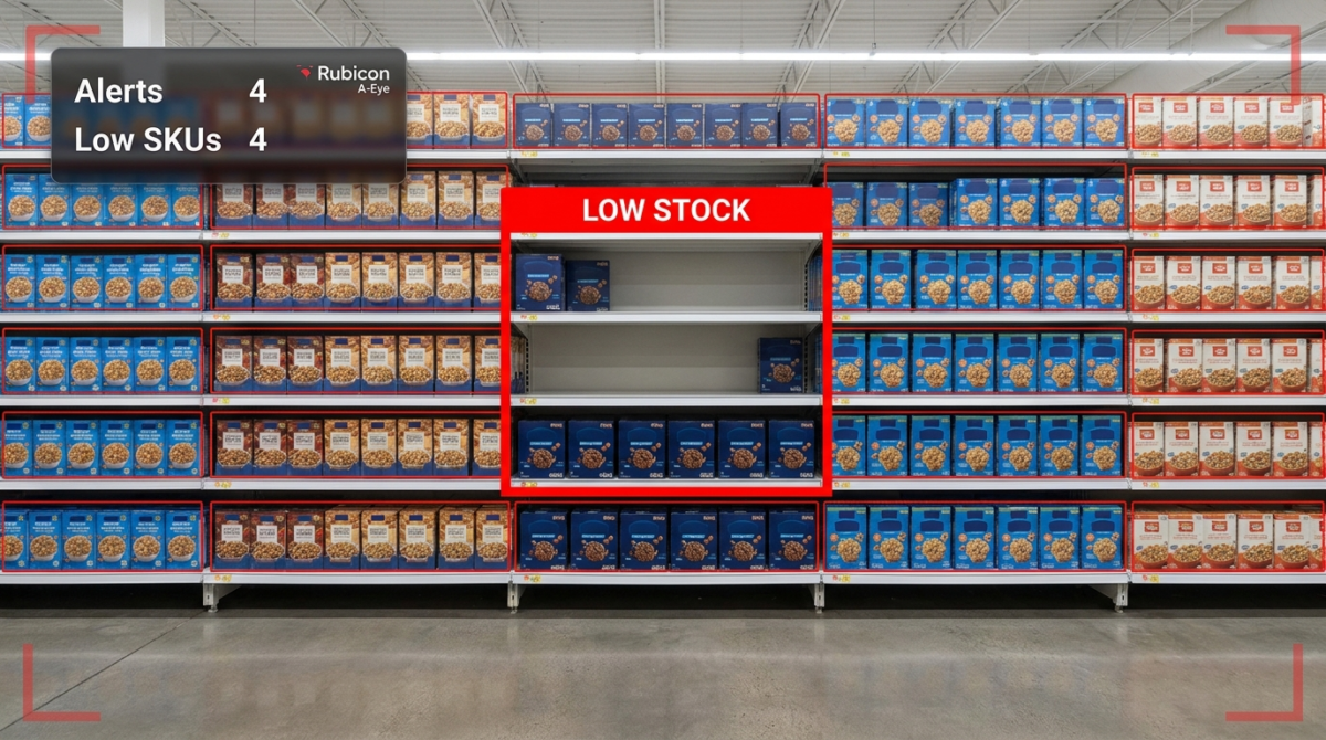AI low stock alerts flagging a near-empty retail shelf facing with Rubicon A-Eye