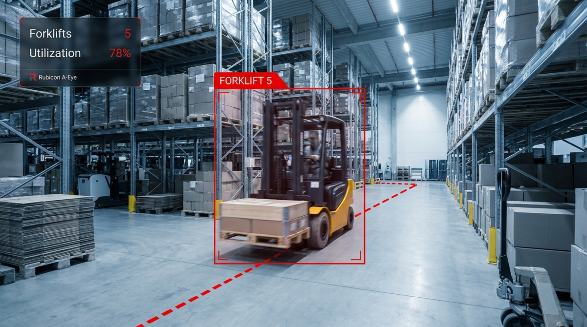 AI forklift monitoring tracking a forklift route inside a warehouse with Rubicon A-Eye