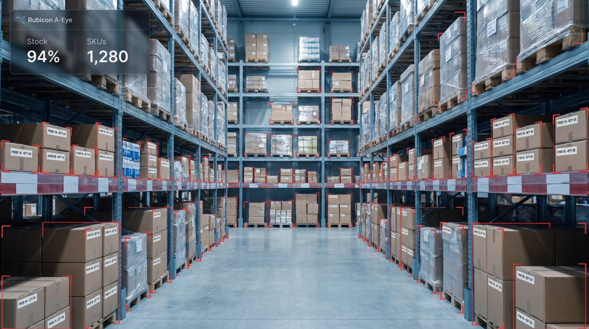 AI inventory monitoring detecting products and stock levels on warehouse shelves with Rubicon A-Eye