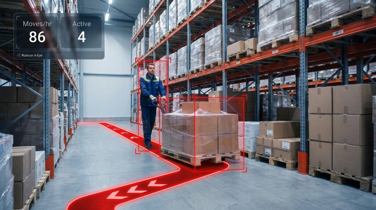 AI stock movement tracking showing goods moving through warehouse aisles with Rubicon A-Eye